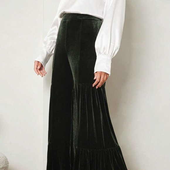 Dark Green Casual Womens High Waist Ruffle Hem Velvet Wide Leg Pants - Picture 5 of 5